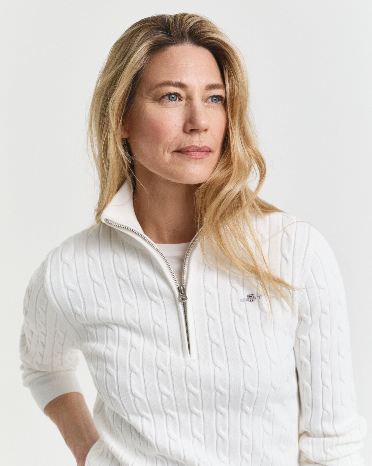 Stretch Cotton Cable Knit Half-Zip Sweater