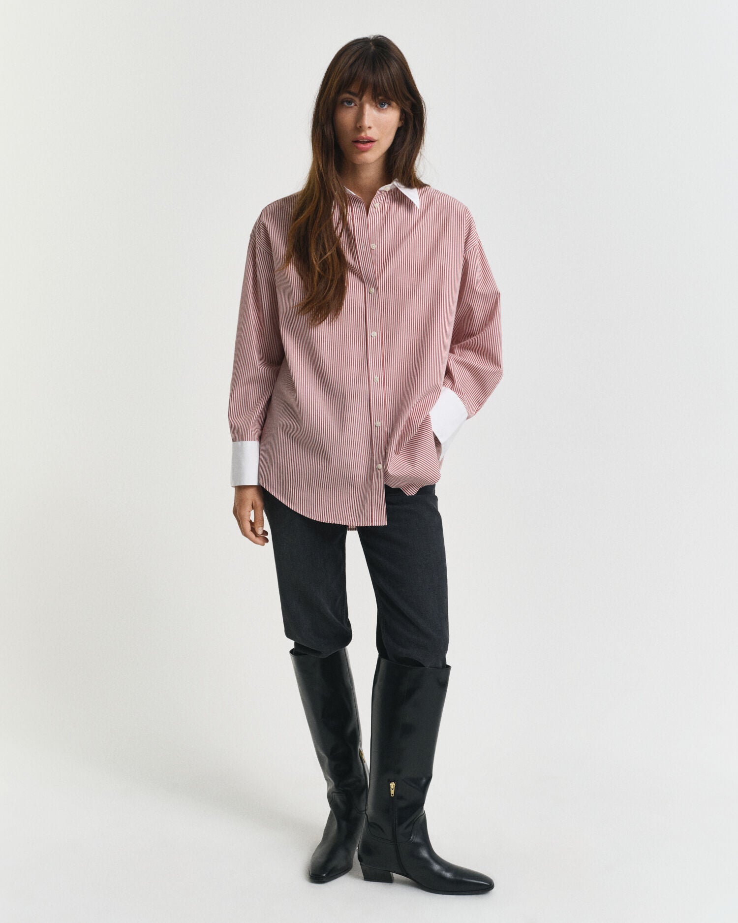Oversized Contrast Collar Striped Shirt